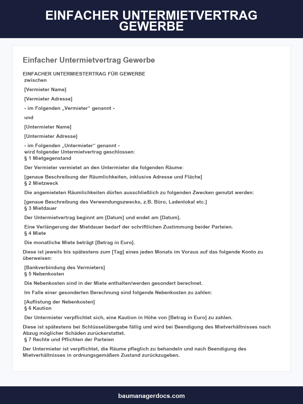 Einfacher Untermietvertrag Gewerbe Vorlage