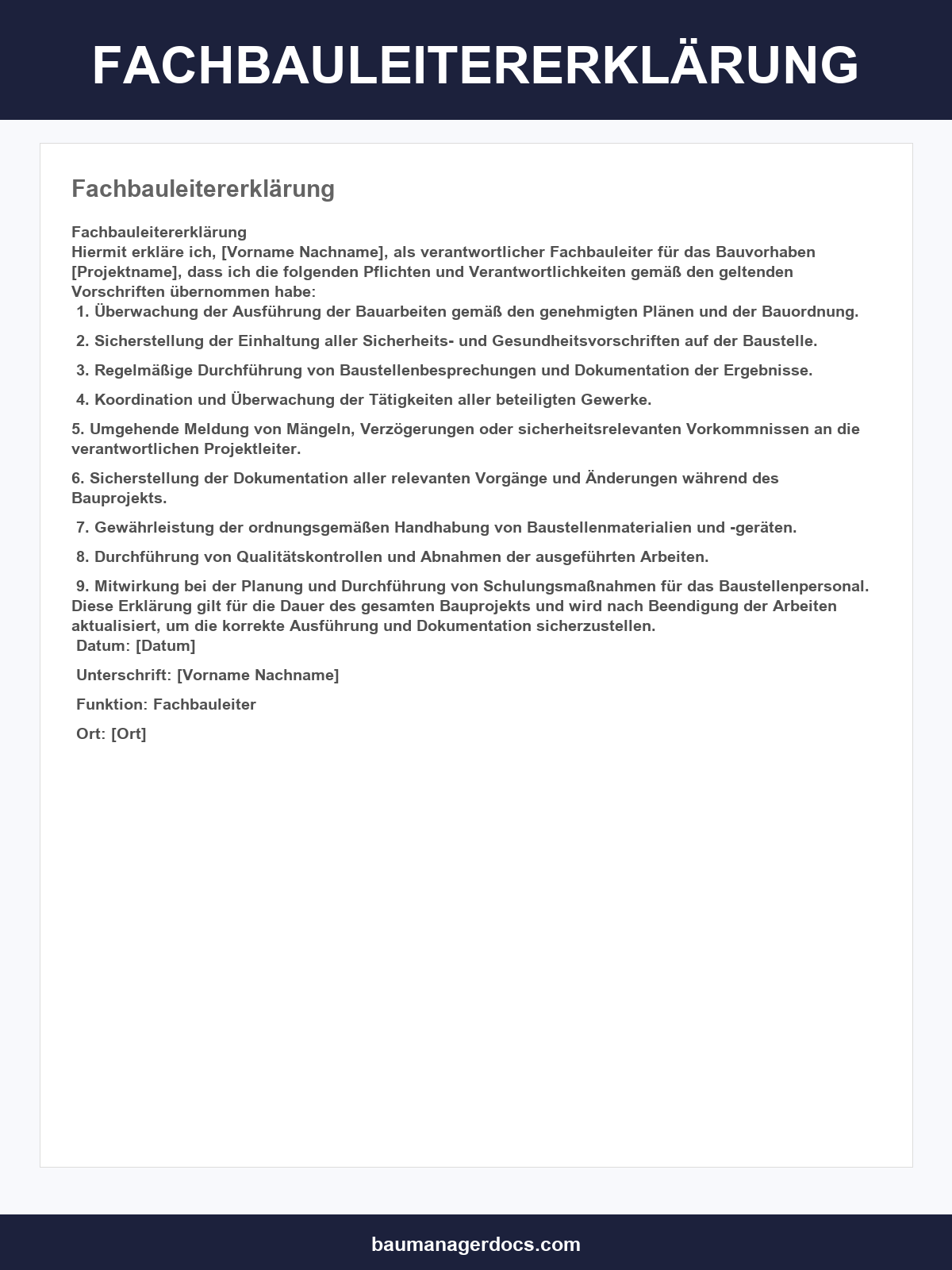 Fachbauleitererklärung Vorlage