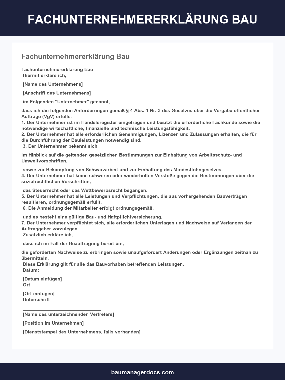 Fachunternehmererklärung Vorlage Bau