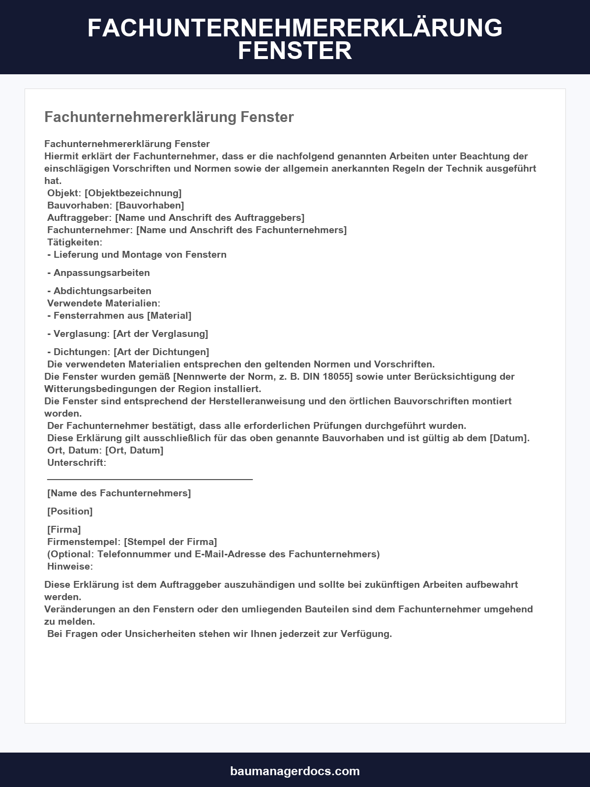 Fachunternehmererklärung Fenster Muster
