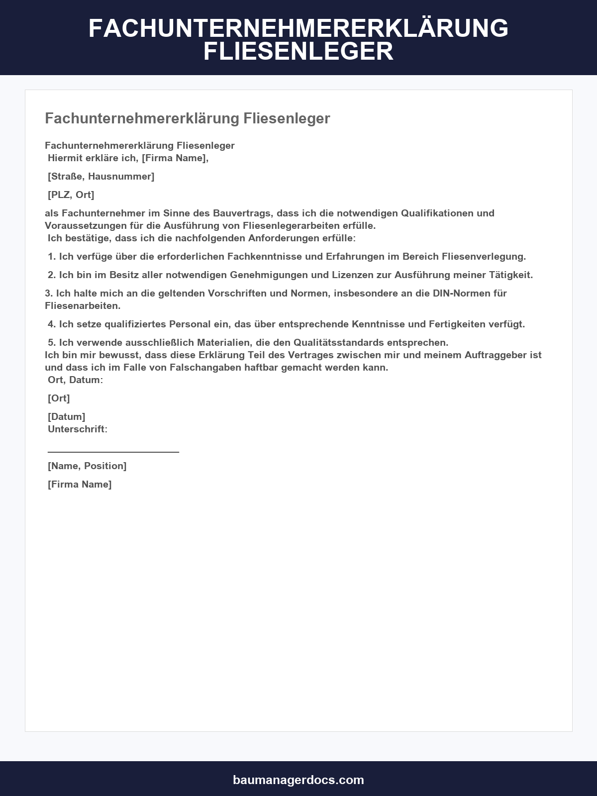 Fachunternehmererklärung Fliesenleger