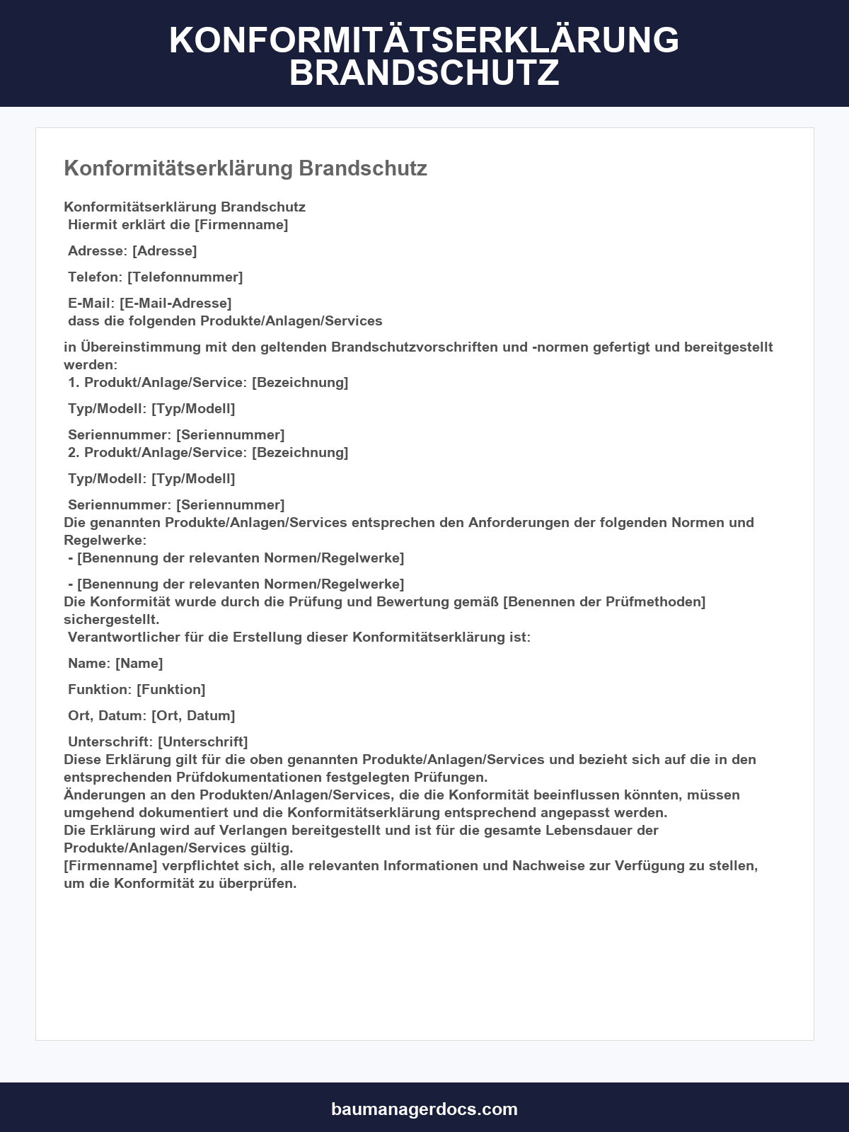 Konformitätserklärung Brandschutz Vorlage