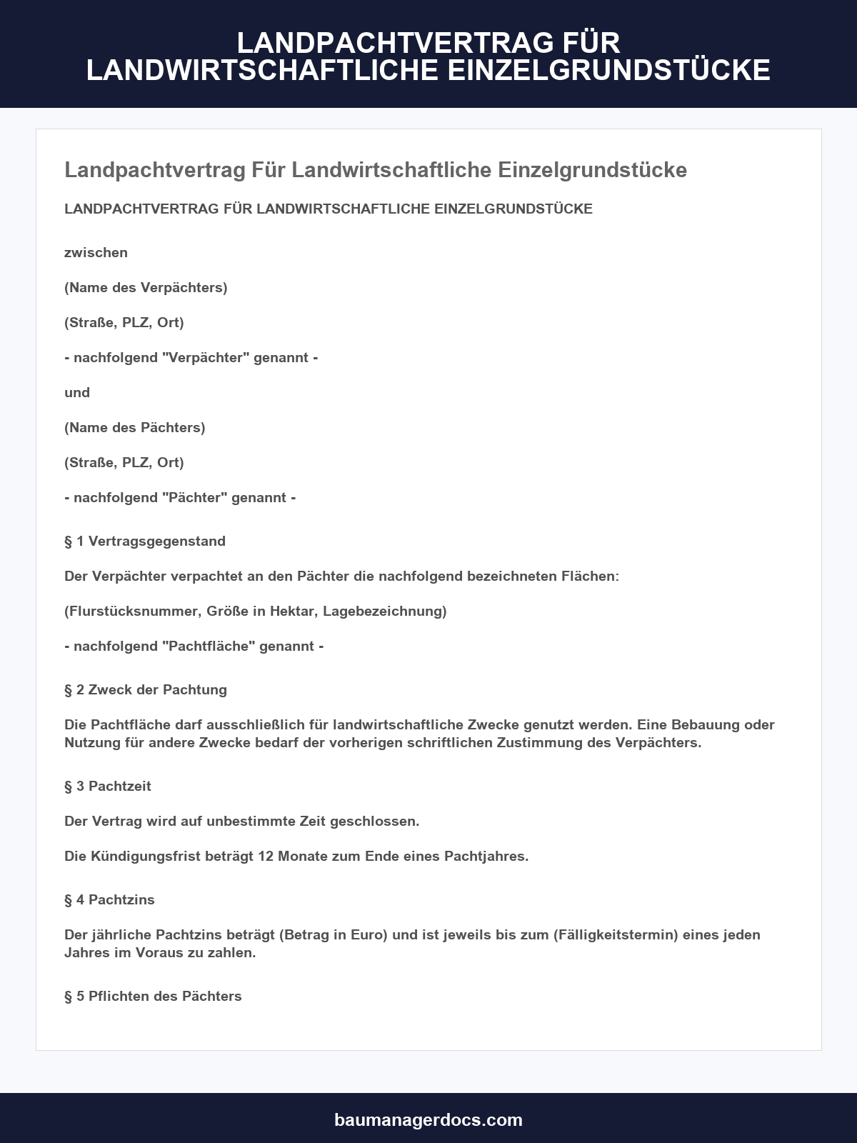 Landpachtvertrag Für Landwirtschaftliche Einzelgrundstücke