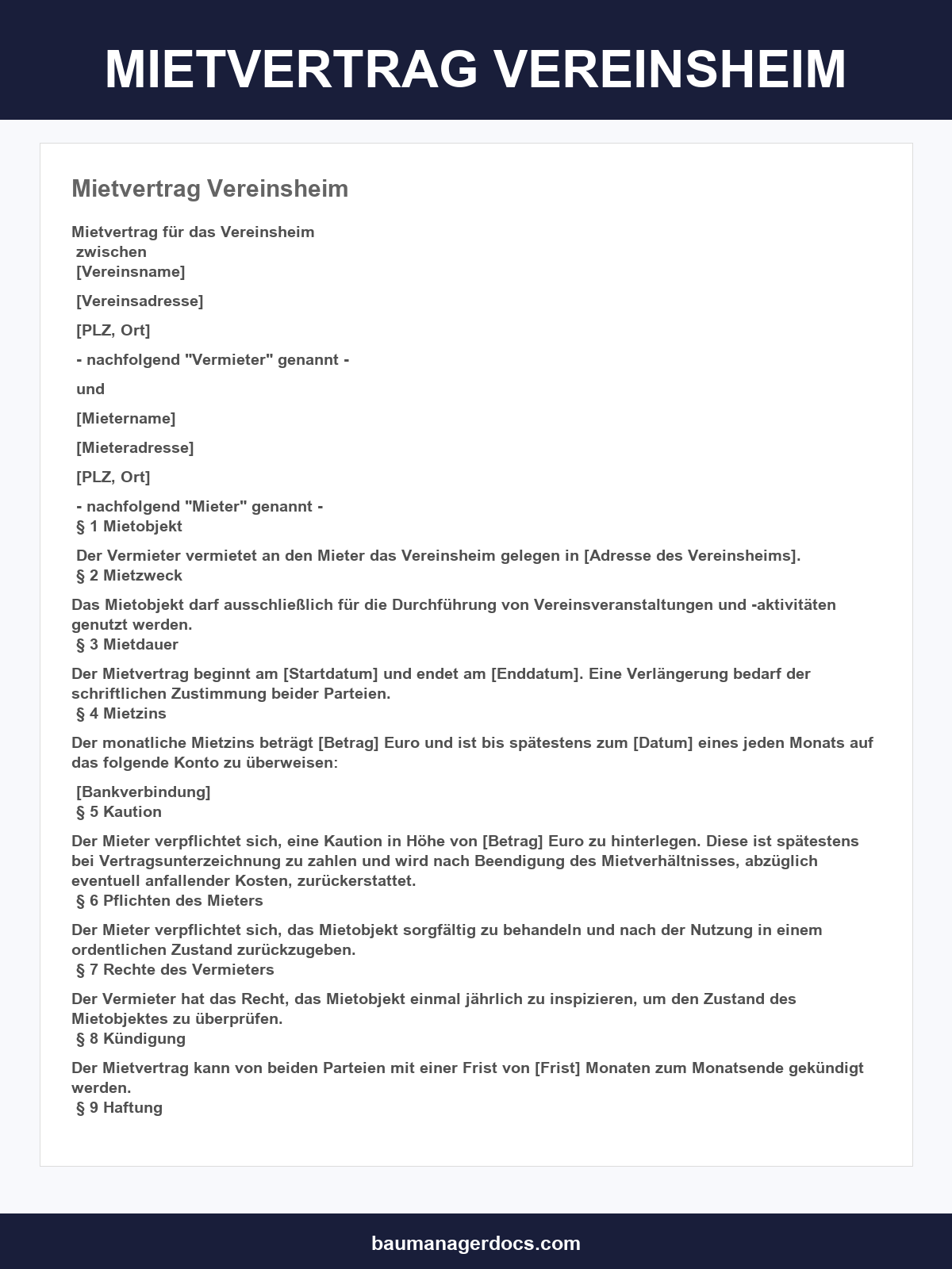 Mietvertrag Vereinsheim Muster