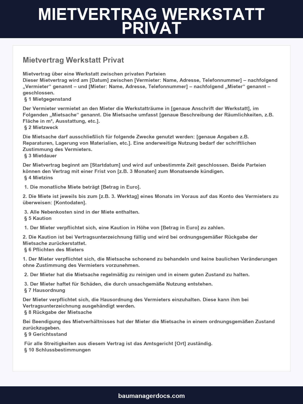 Mietvertrag Werkstatt Privat
