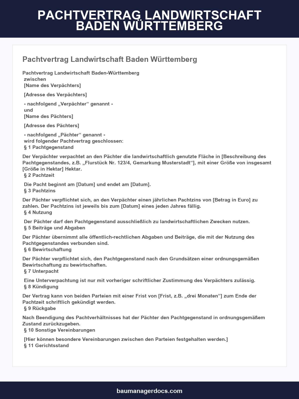 Pachtvertrag Landwirtschaft Muster Baden-Württemberg