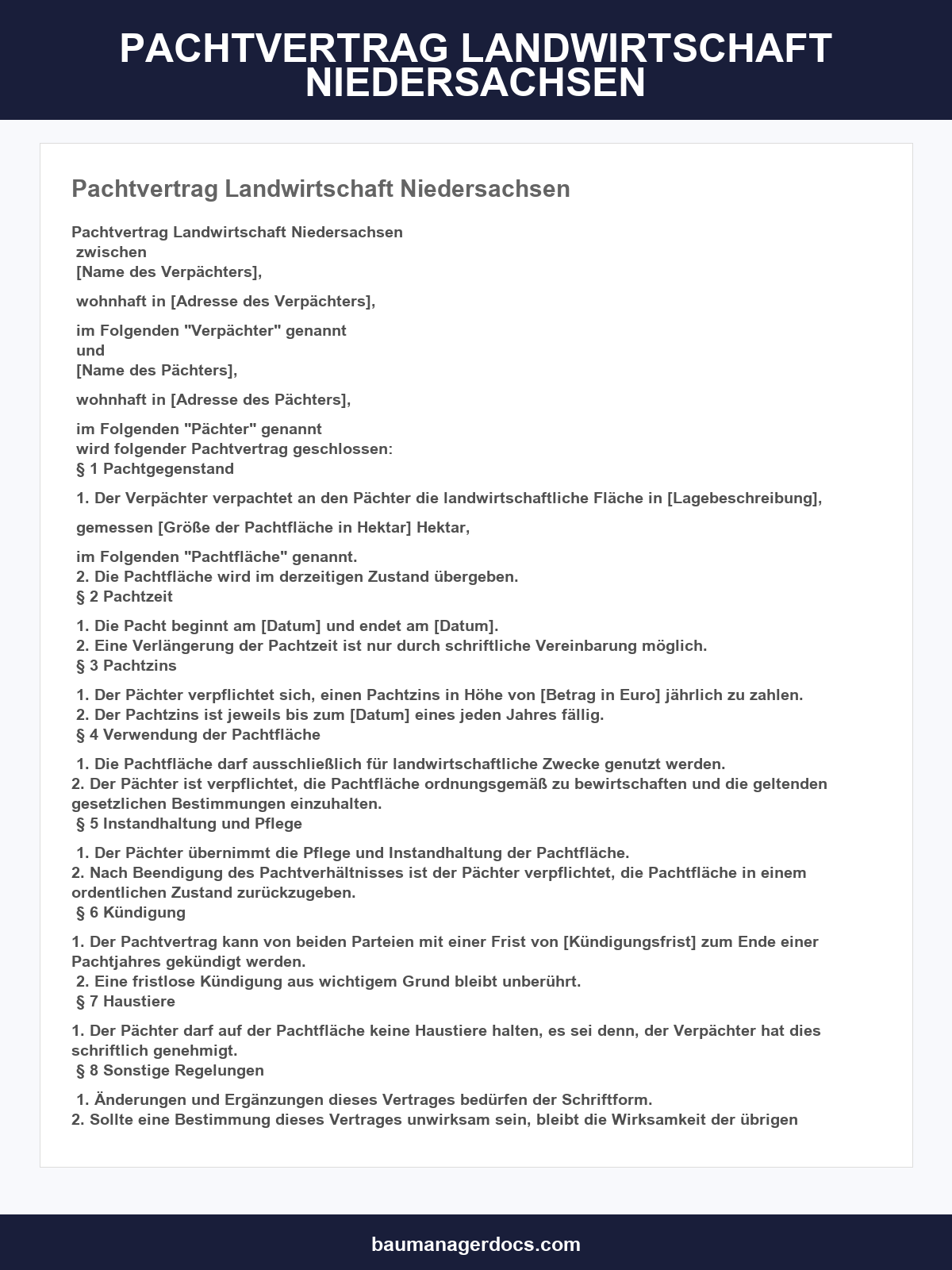 Pachtvertrag Landwirtschaft Niedersachsen Muster