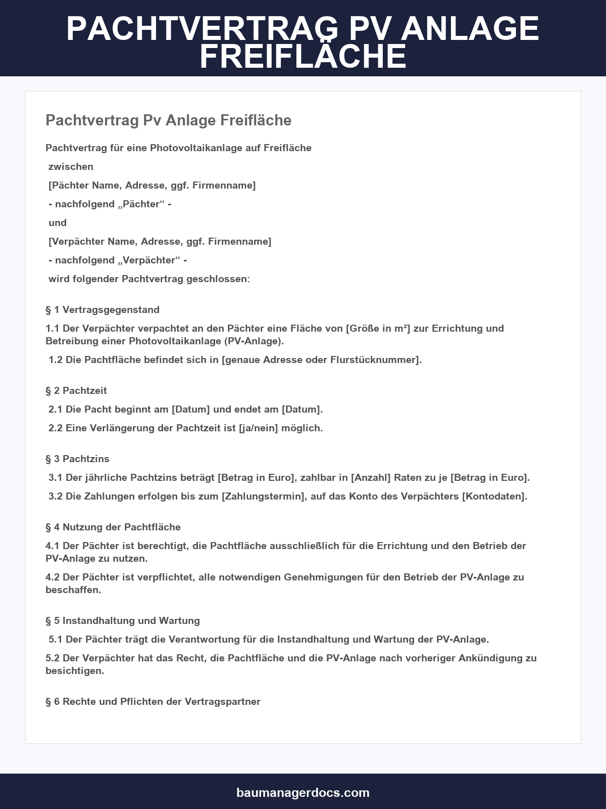 Pachtvertrag Pv-Anlage Freifläche Muster